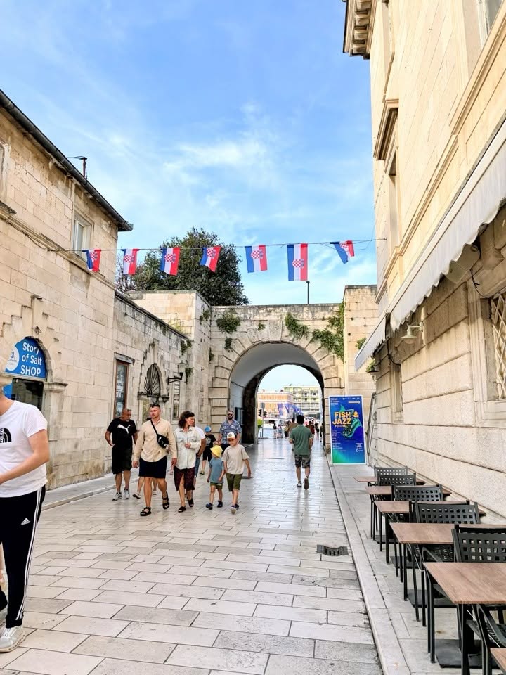 Croatian flags over a street in Zadar Old Town